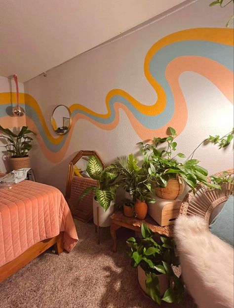 Abstract Bedroom Wall Paint, Bedroom Wall Designs Paint Ideas Simple, Aesthetic Room Wall Color, Eclectic Accent Wall, Long Wall Painting Ideas, Cool Ways To Paint Walls, White Room With Accent Wall, Squiggle Painted Wall, Maximalist Accent Wall