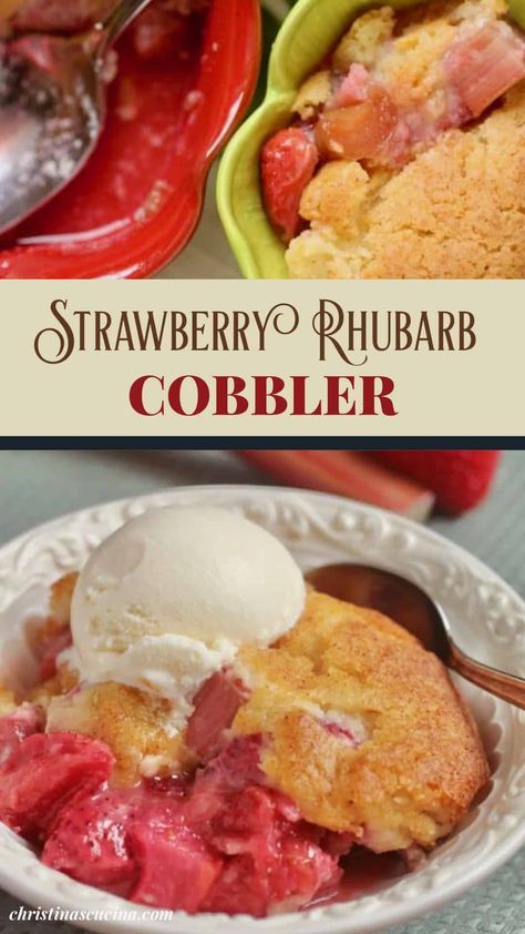 Strawberry rhubarb cobbler is an easy, delicious dessert, perfect for summertime. It's especially scrumptious when served warm with a scoop of vanilla ice cream, custard, or whipped cream. #strawberries #rhubarb Strawberry Rhubarb Cobbler, Tart Strawberry, Rhubarb Cobbler, Homemade Vanilla Pudding, Canned Strawberries, Cobbler Easy, Strawberry Cobbler, Homemade Custard, Rhubarb Crumble