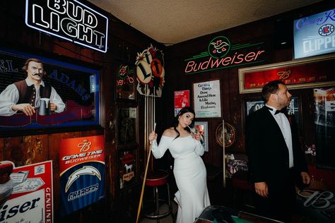 Bar Wedding Aesthetic, Dive Bar Engagement Party, Dive Bar Party, Bar Wedding Pictures, Bar Elopement, Wedding Photos At Bar, Dive Bar Wedding, Dive Bar Photoshoot, Bar Wedding Photos