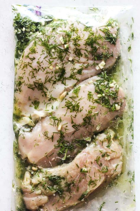 chicken marinade with dill in the bag Fresh Dill Recipes Dinners, Lemon Chicken Marinade, Lemon Dill Chicken, Dill Chicken, Lemon Dill Sauce, Dill Recipes, Meat Marinade, Easy Sheet Pan Dinners, Meat Seasoning