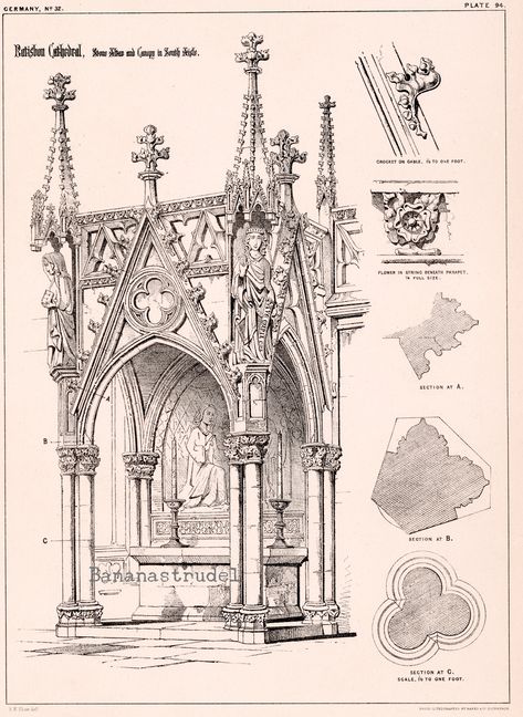 This is an elegant 1872 architectural plate showing Ratisbon Cathedral in Regensburg, Germany, specifically the stone altar and canopy in the south aisle. Size: approx. 9.75 inches x 13.5 inches This antique print, part of a portfolio of richly detailed architectural drawings by renowned Victorian architect Richard Norman Shaw, is in very good condition. The full print is shown in the last photo. Other photos show details from the print. For the other plates in this series, click on: https://www Victorian Cathedral, Stone Altar, Regensburg Germany, Antique Architecture, Cathedral Architecture, Architecture Design Sketch, Cathedral City, Architecture Tattoo, Gothic Design