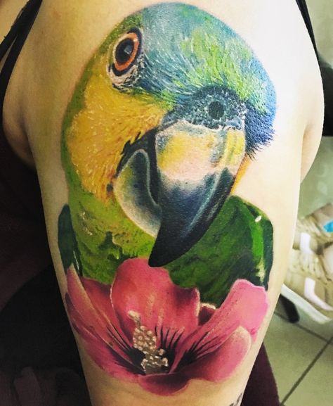 parrot with flower tattoo amazing color work realistic by Ritchey Green Parrot Tattoo, Amazon Parrot Tattoo, Parrot Tattoo, Tattoo With Flowers, Tattoo Family, Hibiscus Tattoo, Bird Tattoos, Amazon Parrot, Tattoo Flowers