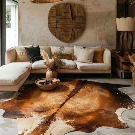 Elevate your space with our luxurious cowhide rugs, adding texture and sophistication to any room. Discover the timeless elegance of cowhide today! #CowhideRugs #LuxuryLiving Layering Cowhide Rug Bedroom, Living Room With Cow Rug, Cowhide Interior Design, Cow Rug Under Dining Table, Cowhide Rug Living Room Boho, Living Rooms With Cowhide Rugs, Cowhide Rug Living Room Ideas, Layering Cowhide Rug Living Room, Room With Cowhide Rug