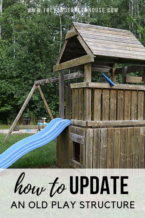 Check out this amazing swing set makeover! If you have an old and weathered wood swing set, you can use these easy steps to give your swing set a new life. This play structure makeover is easy, inexpensive, and makes a huge impact. #swingset #swingsetmakeover #playstructuremakeover Diy Wooden Swingsets, Wood Playground Makeover, Backyard Playground Makeover, Backyard Playset Makeover, Update Swingset, Old Swingset Makeover, Playhouse Under Swingset, Wooden Swingset Remodel, Wooden Play Set Makeover