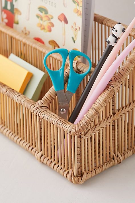 Give your office a boho-inspired refresh when you organize your essentials with this handmade bamboo desk organizer. Equipped with three sections of various sizes, this organizer is perfect for keeping your working spaces tidy. Features Rattan desk organizer 3 Assorted sized compartments to hold your stationery & writing tools One-of-a-kind natural rattan variance Content + Care Rattan, bamboo Wipe clean Imported Size Dimensions: 12.3" l x 5" w x 6" h Weight: 2.2 lbs | Irawaddy Desk Organizer in Natural at Urban Outfitters Urban Outfitters School Supplies, Urban Outfitters Desk Decor, Classroom Desk Decor, Urban Outfitters Desk, Rattan Desk, Tidy Desk, Bamboo Desk, Minimal Desk, Classroom Desk