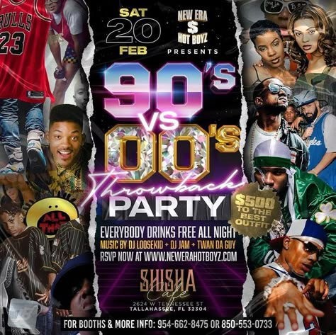 Throwback Party Invitations, 90's Vs 2000's Party Outfits, 90s Theme Party Flyer, 90's Vs 2000's Party, Freaknik Flyer Ideas, 2000s Party Ideas Decoration Men, Rnb Party Theme, R&b Themed Party, Throwback Birthday Party Ideas