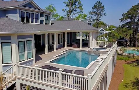 Elevated Swimming Pools: 7 Stunning Designs Built High Off the Ground Deck Ideas With Pool, Elevated Deck Ideas, Raised Beach House, Elevated Pool, Beach House Deck, Beach House With Pool, Elevated Deck, Raised Pools, Swimming Pool Decks