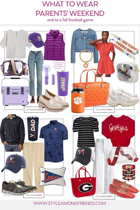 Excited to hit the road and visit your college student? Trying to decide what outfit to sport while exploring campus or attending a football game? We’re here to help! Take a look at our latest blog post featuring 8 stylish color combinations perfect for game day outfits. All approved by over 50 moms! Dads, we’ve got options for you too! Cheers to the team! #gameday #parentsweekend #collegefootball #fashionover50 Mom Gameday Outfit, Game Day Outfit Over 40, College Parents Weekend Outfit, College Parents Weekend, Fall Football Outfits, Cute Football Outfit, Fall Football Outfit, Football Tailgate Outfit, Outfits Highschool