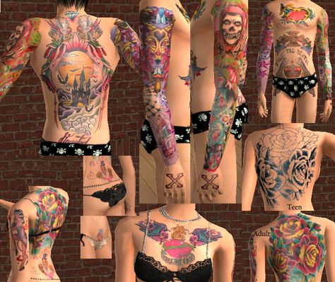 sXe Color Tattoo Skin by XJonasX via modthesims | Skins | Tattoo | Unisex Teen to Elder | Maxis Match | TS2 | Sims 2 | pinned by aeonpixels Sims 2 Makeup, Rockstar Tattoo, Sims 4 Tattoos, Pelo Sims, Tattoo Skin, Play Sims, Free Sims, Full Body Suit, Best Sims