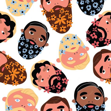 Premium Vector | Seamless handdrawn cartoon guy patterns with beard and flowers a bearded hipster with flowering plants vector illustration on an isolated white background cute graphic design wallpaper textiles Graphic Design Wallpaper, Beard Illustration, Plants Vector, Flower Beard, Cute Graphic Design, Hipster Illustration, Hipster Beard, Background Cute, Plant Vector