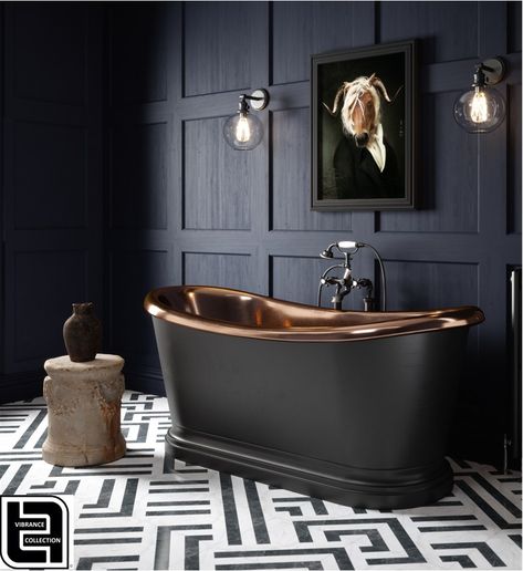 Copper and Vanto Black Bath Tub-Handcrafted from 100% Natural Copper. Artisans have been hammering baths into shape for almost 300 years. These baths are unique and manufactured in the traditional methods. Tub Bathroom Ideas, Small Bathroom Renos, Black Tub, Bedroom With Bath, Copper Bath, Loft Bathroom, Copper Bathroom, Floating Shelves Bathroom, Washbasin Design