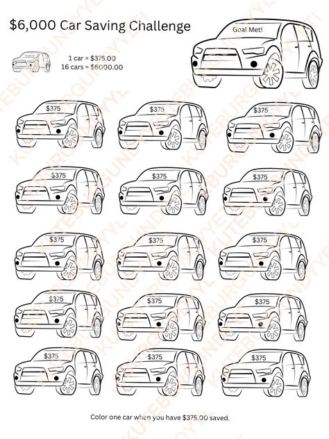 Car saving challenge. You can print it or download it as a digital template and put it in your planners. 6000 Savings Challenge, Car Saving Challenge, Car Savings Plan, Car Savings Challenge, Save For A Car, Saving For A Car, Car Saving, Money Challenges, Saving Money Chart