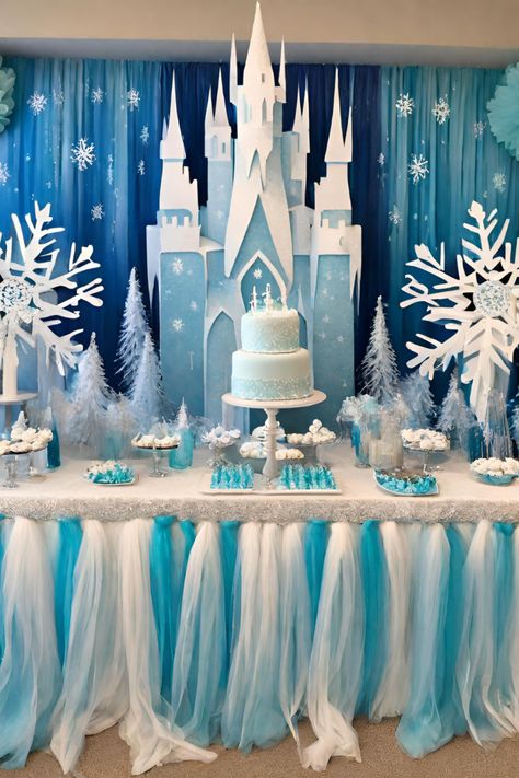 Simple Ideas for Throwing an Effortless Frozen Birthday Party Frozen Team Birthday Decoration, Frozen Party Centerpieces Diy, Frozen Theme Birthday Party Ideas, Frozen Party Backdrop Ideas, Elsa Party Games, Frozen Stage Design, Frozen Birthday Party 2 Year, Frozen Birthday Party Diy, Frozen Background Backdrops