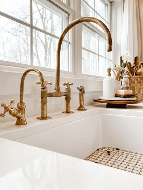 Our Unlacquered Brass Kitchen Faucets - Deb and Danelle Antique Brass Kitchen Faucet, Unlacquered Brass Kitchen, Unlacquered Brass Kitchen Faucet, Unlacquered Brass Faucet, Bridge Faucet Kitchen, Antique Brass Kitchen, Brass Faucets, Bridge Faucet, Gold Faucet