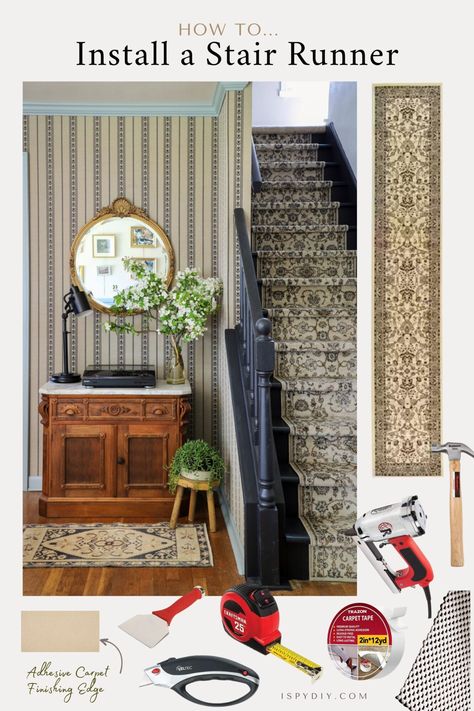 Installing Stair Runner DIY | As Seen on Makeover by Monday Install Stair Runner, Painted Stairs With Runner, Stair Runner Diy, Stairs With Runner, Focal Point Living Room, Diy Stairs Makeover, Stair Runner Installation, I Spy Diy, Stairs Makeover