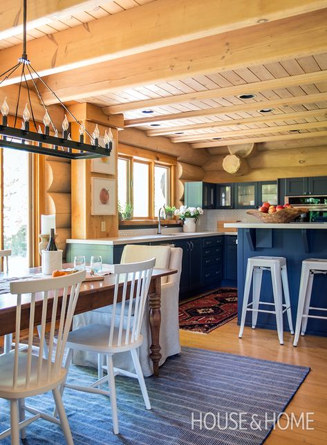 Designer Olivia Botrie of Dart Studio shares an ’80s log cabin that she refreshed with a clean design aesthetic. | Photographer: Jason Stickley Dart Studio, Log Cabin Makeover, Log Cabin Remodel, Cottage Airbnb, Cabin Makeover, Pine Paneling, Log Cabin Kitchen, Modern Log Cabin, Aesthetic Kitchen