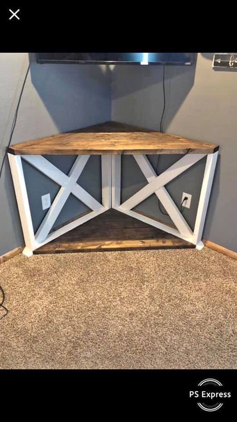 Corner Tv Stand Diy, Diy Corner Table, Diy Corner Tv Stand, Homemade Tv Stand, Tv Stand Diy, Tv Hutch, Redo House, Space Saving Ideas For Home, Diy Entry Table