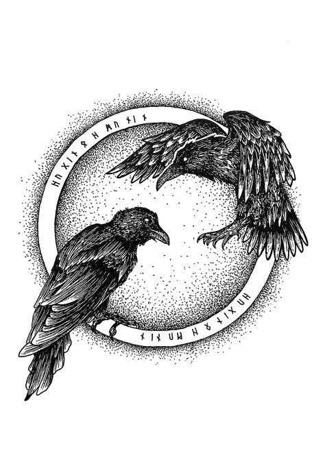 Hugin & Munin Art Print by Wildwither - X-Small Huggin Muninn Tattoo, Hugin And Munin Tattoo, Munin And Hugin, Odins Ravens Tattoo, Small Raven Tattoo, Nordic Raven Tattoo, Odin's Ravens Tattoo, Rhino Tattoo, Hugin And Munin