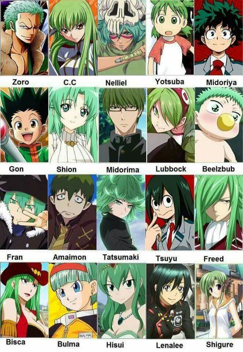 Green Haired Anime Characters, Green Hair Cosplay Characters, Characters With Green Hair, Anime With Green Hair, Green Anime Characters, Green Anime Hair, Anime Characters With Green Hair, Green Hair Character Cartoon, Green Hair Cartoon Characters