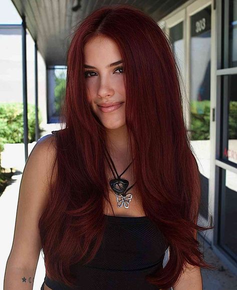 Shag With Long Bangs, Intense Red Hair Color, Intense Red Hair, Shoulder Length Shag, Autumn Hair Colours, Auburn Hair Colors, Deep Auburn Hair, Dark Auburn Hair Color, Red Hairstyle