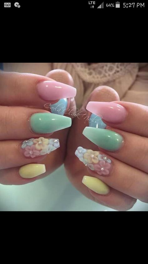 Pastel Easter color nails 3d flowers rainbow colorful Easter Color Nails, Easter Nails Acrylic, Nail Art Pastel, Preppy Nails, Easter Color, Nails Easter, Natural Acrylic, April Nails, Easter Nail