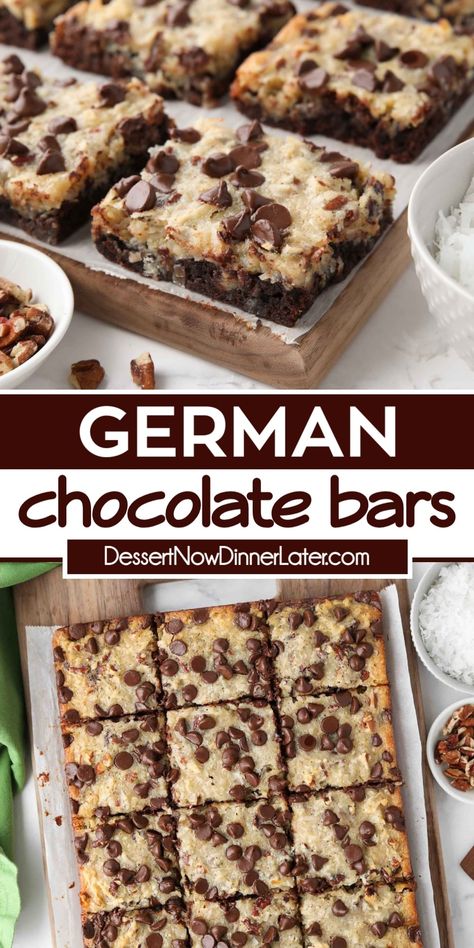 German Chocolate Bars consist of two layers baked together in one pan. A cake-like fudge brownie bottom and chewy coconut pecan topping studded with creamy chocolate chips. Everything you love about German Chocolate Cake in an easy to make dessert bar. German Chocolate Squares, Ding Dong Bars, German Chocolate Desserts Easy, German Chocolate Bars, Chocolate Dessert Bar, German Chocolate Brownies, German Chocolate Cookies, Bars Dessert, Coconut Chocolate Bars