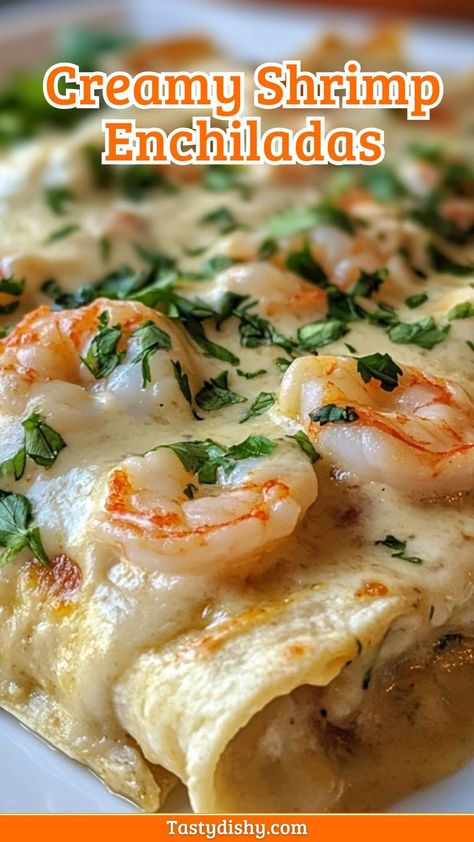 Delicious Creamy Shrimp Enchiladas Recipe You’ll Love! - Delicious Recipes - Easy Cooking Ideas and Tasty Dishes Cooked Prawns Recipes, Easy Shrimp Enchiladas Recipes, Easy Shrimp Enchiladas, Shrimp Enchilada Casserole, Creamy Shrimp Enchiladas Recipe, Mexican Shrimp Dishes, Shrimp Enchiladas With Green Sauce, Shrimp Entree Recipes, Seafood Enchiladas With White Sauce