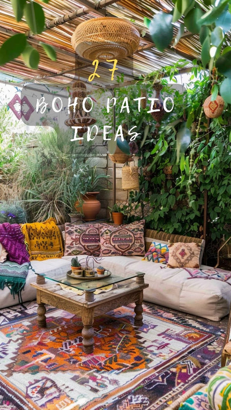 Want a transformative look for your patio? Click to dive into 27 boho patio ideas that blend art, nature, and comfort to revolutionize your outdoor spaces. Start transforming! 🌼🌿🎨 #BohoStyle #OutdoorRevolution #PatioMakeover #NatureBlend #ArtisticDecor Outdoor Small Porch Ideas, 70s Outdoor Aesthetic, Spanish Patio Ideas, Vintage Patio Ideas, Boho Patio Ideas, Bohemian Porch, Boho Outdoor Space, Small Porch Ideas, Beautiful Balcony