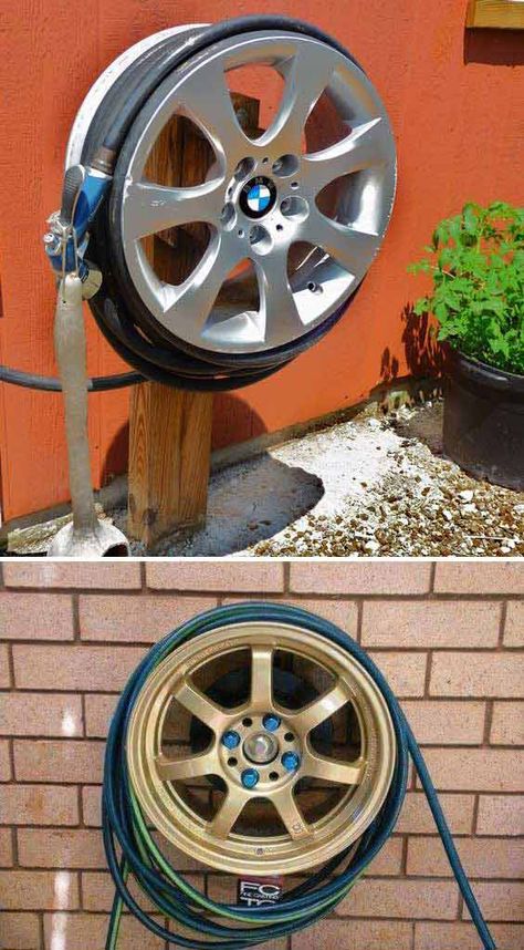 Pond Diy, Garage Hacks, Garden Hose Storage, Reuse Recycle Repurpose, Bar Garden, Car Part Furniture, Bar Beer, Garden Modern, Hose Storage