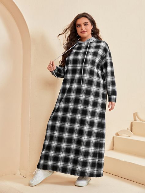 Black and White Casual  Long Sleeve Polyester Plaid Tunic Embellished Non-Stretch Spring/Fall Plus Size Dresses Couture, Plus Size Hijab, Plus Size Winter Outfits, Fall Plus Size, Plus Size Winter, Plaid Tunic, Women Maxi, Plus Size Maxi Dresses