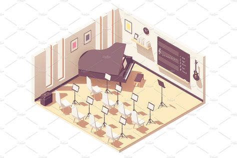 Isometric school music classroom by tele52 on @creativemarket Music School Plan, College Flyer, Classroom Interior, Teachers Room, Classroom Planning, School Plan, Isometric Art, School Desks, Isometric Design