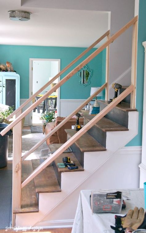 Diy Stair Railing Makeover, Railing Makeover, Stairs Makeover Design, Diy Stairs Makeover, Stair Railing Makeover, Diy Staircase Makeover, Diy Stair Railing, Rustic Stairs, Modern Stair Railing