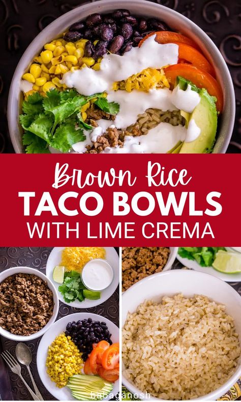 Healthy meal prep brown rice taco bowls with ground beef. Beef Recipes For Lunch, Ground Beef Recipes For Lunch, Bowls With Ground Beef, Mexican Bowl Recipe, Brown Rice Bowl Recipe, Rice Bowls Vegetarian, Beef Rice Bowl Recipe, Brown Rice Recipes Healthy, Mexican Brown Rice