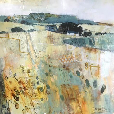 Abstract Landscape Collage Mixed Media, Semi Abstract Landscape Paintings, Collage Landscape, Colorful Landscape Paintings, Farm Paintings, Abstract Watercolor Art, Landscape Paintings Acrylic, Abstract Art Inspiration, Landscape Art Painting