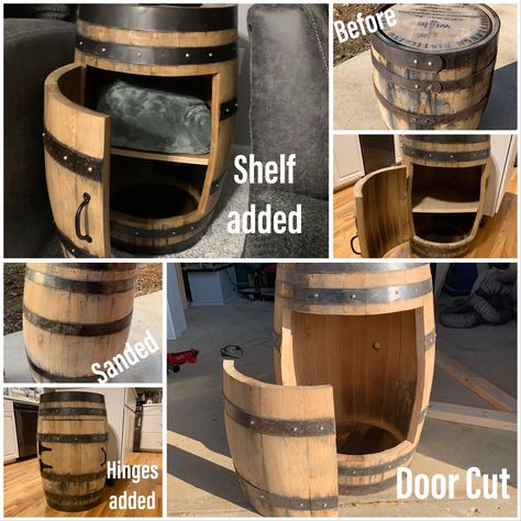 Diy Whiskey Barrel Projects, Wine Barrel Shelf, Whiskey Barrel Ideas Diy, Barrel Side Table, Whiskey Barrel End Table, Diy Bourbon Cabinet, Whiskey Barrel Cabinet, Old Wooden Barrel Ideas, Wine Barrel Table Diy