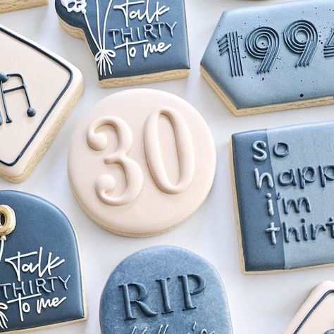 Cookie Therapy on Instagram: "Such a fun 30th birthday set! With all the jokes.  . . . . . #30thbirthday #30thbirthdaycookies #talkthirtytome #sohappyimthirty #sugarcookiesofinstagram #cookiesofinstagram #royalicing #royalicingcookies #birthdaycookies #1994" 30th Bday Cookies Women, 30th Birthday Cookies For Men, Cookies 30th Birthday, Sugar Cookie Designs Birthday, 30 Birthday Cookies, 30s Birthday Party Ideas, 30th Birthday Cookies, Men 30th Birthday, 2024 Cookies