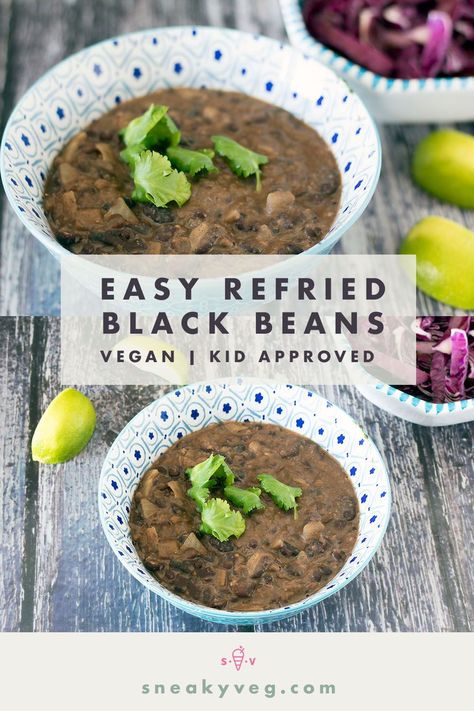 Refried beans are so delicious served with any Mexican meal - think guacamole, spicy rice, sweet potato wedges etc. Plus you can put them in a burrito or quesadilla or just eat them with a spoon straight from the dish if you feel so inclined! Suitable for vegans. #vegan #blackbeans #refriedblackbeans #refriedbeans #veganbeans #vegetarian Refried Black Beans Recipe, Vegan Refried Black Beans, Black Bean Refried Beans, Refried Beans Recipe Easy, Rice Sweet Potato, Hidden Vegetable Recipes, Refried Black Beans, Make Refried Beans, Black Beans Recipe