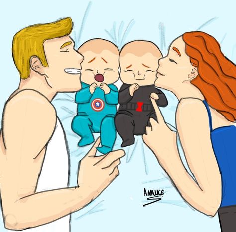 Uma fanart romanogers, shipp do Capitão América e Viúva Negra, deitados juntos com dois bebês ruivinhos usando roupas customizadas dos respectivos pais Romanogers Fanart Cute, Romanogers Fanart, Baby Avengers, Marvel Photo, Marvel Fan Art, Marvel Fan, Marvel Funny, Steve Rogers, Marvel Heroes