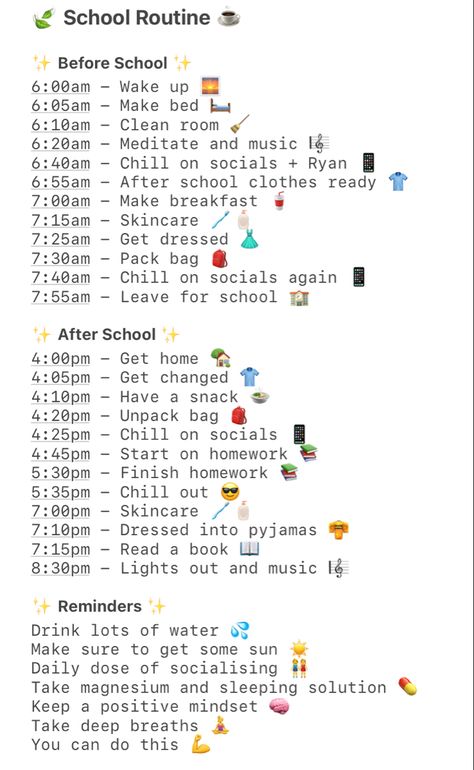 Schedule For The Day Daily Routines, Schedule Morning Routine, Week Day Schedule, Morning Routines For School 7am, Back From School Routine, Cute Morning Routine List, School Daily Routine Schedule, After School Routine Checklist, 6am To 8am Morning Routine For School