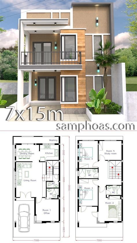 4 Bedroom Home Design Plan 7.5x9m - SamPhoas Plansearch 5 Bedroom House Plans, Two Story House Design, 2 Storey House Design, Two Story House, Casa Country, Duplex House Plans, House Construction Plan, House Layout Plans, Model House Plan