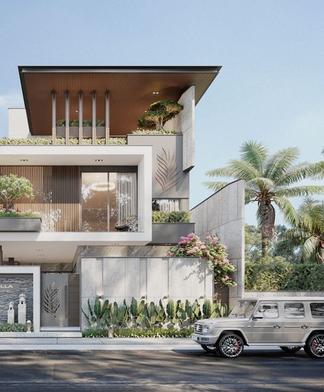 MINH_VILLA on Behance Villa Facade Design, House Structure Design, Modern Bungalow Exterior, Luxury Exterior, Small House Elevation, Architecture Portfolio Design, Contemporary House Exterior, Small House Elevation Design, Modern Architecture Building