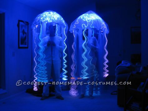 http://www.coolest-homemade-costumes.com/prizewinning-homemade-glowing-jellyfish-costumes/ Jellyfish Costumes, Umbrella Jellyfish, Jellyfish Halloween, Battery Powered Christmas Lights, Glowing Jellyfish, Diy Jellyfish, Jellyfish Costume, Fish Costume, Jellyfish Print