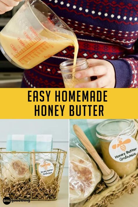 Homemade Whipped Honey Butter Recipe - a 3 image collage of pouring honey butter into a can and honey butter in the can in a basket Whipped Honey Butter Recipe, Whipped Honey Butter, Easy Honey Butter, Homemade Honey Butter, Flavored Butter Recipes, Butter Recipes Homemade, Dairy Snacks, Compound Butter Recipe, Honey Butter Recipe