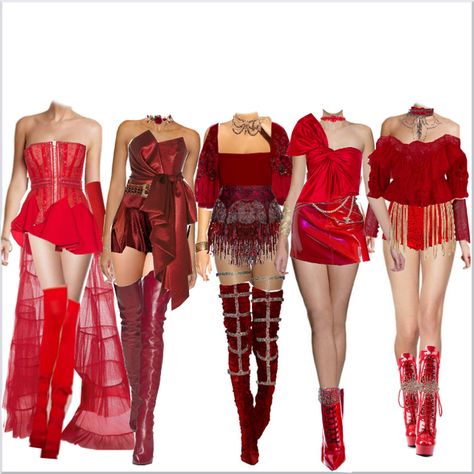 Fashion set RED by RED VELVET created via Red Velvet Performance Outfits, Performance Outfit Red, Red Kpop Outfits, Stage Outfits Red, Red Performance Outfits, Red Stage Outfits, Fringe Bracelet, Group Outfits, Trendy Outfits Indian