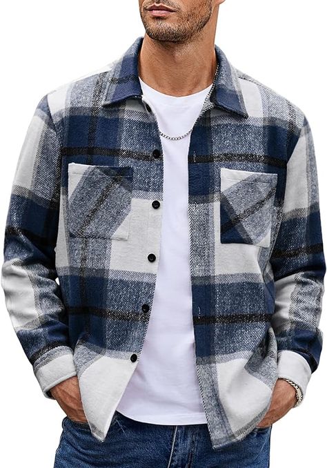 The flannel shirt showcases a classic plaid pattern that exudes timeless appeal. With its front button closure, it offers convenience and ease of wear. The shirt's medium weight provides the perfect balance of warmth and comfort. It is equipped with two chest pockets, allowing for practical storage options. Completing the design is a traditional fold-down collar, which adds a touch of sophistication to the overall look. Mens Fall Outfits, Plaid Print Shirt, Outdoor Streetwear, Shirt Jacket Men, Mens Spring Fashion, Fall Outfits Men, Mens Flannel Shirt, Mens Flannel, Button Down