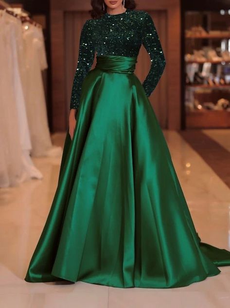 A-Line Evening Gown Sparkle Red Green Dress Formal Cocktail Party Court Train Long Sleeve High Neck Fall Wedding Guest Satin with Sequin 2024 2024 - $156.81 Red Green Dress, Gown Elegant, Elegant Dress, Evening Gown, Green Dress, Wedding Guest, Floor Length, The Bride, High Neck