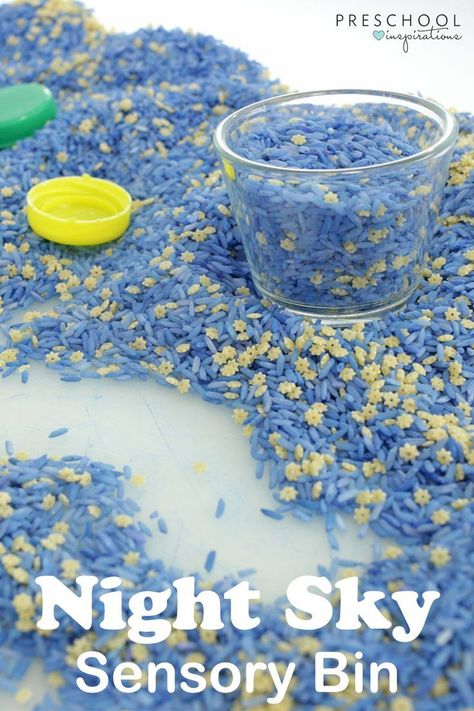 Night Sky Sensory Bin - so easy to make and very engaging for the kids! This is a perfect activity for a space theme. Sky Sensory Bin, Space Preschool, Craft Preschool, Space Activities, Toddler Sensory, Sensory Boxes, Sensory Bottles, Sensory Table, Bonfire Night