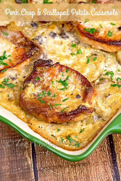 Delicious pork chops baked on a bed of scalloped potatoes. Pure comfort in one casserole. Pork Chop Casserole Recipes, Guest Recipes, Bbq Sausage, Scalloped Potato Casserole, Pork Chop Casserole, Potatoes Casserole, Easy Casseroles, Boneless Pork Chop Recipes, Pork Meals