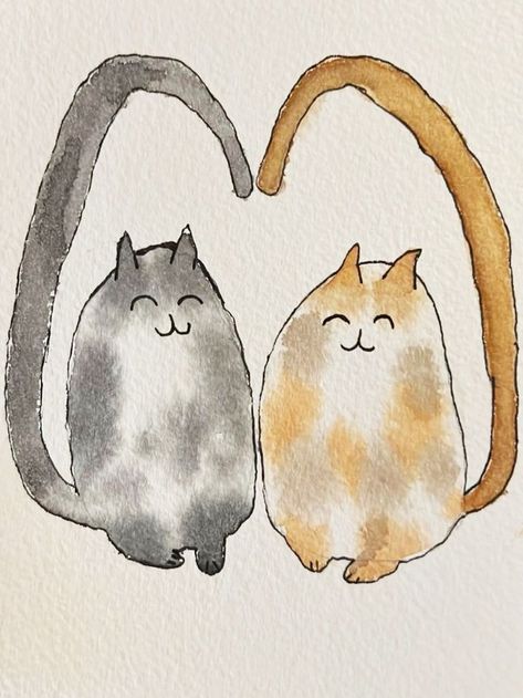 A watercolor postcard of two cute cats in love, that make a heart with their tails Two Cats In Love, Cat Couple Painting, Watercolour Cats Simple, Watercolor Postcards, Watercolor Kitten Easy, Two Cats Watercolor, Orange Cat Watercolor, Animals Kissing, Watercolor Postcard