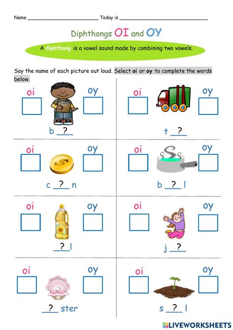 Diphthongs online worksheet for 2. You can do the exercises online or download the worksheet as pdf. Oi Words Worksheet, Diphthongs Oi And Oy Worksheet, Oy Oi Activities, Oi Worksheets, Oi Oy Worksheets, Dipthongs Worksheets, Oy Worksheets, Diphthongs Worksheets, Oi Oy